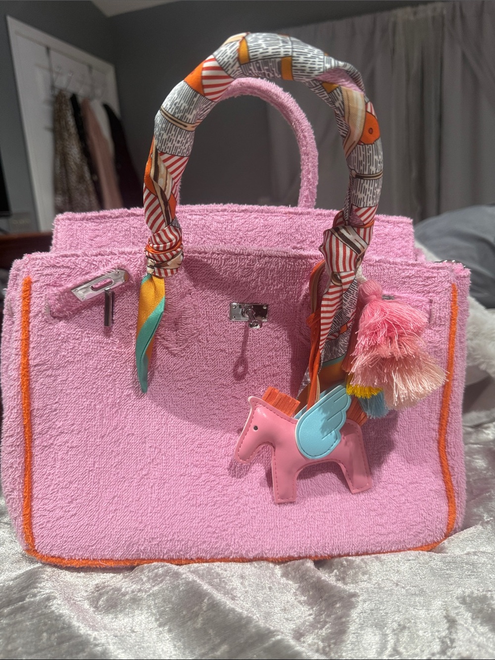 Pink Terrycloth Tote Bag with Tassel Charm